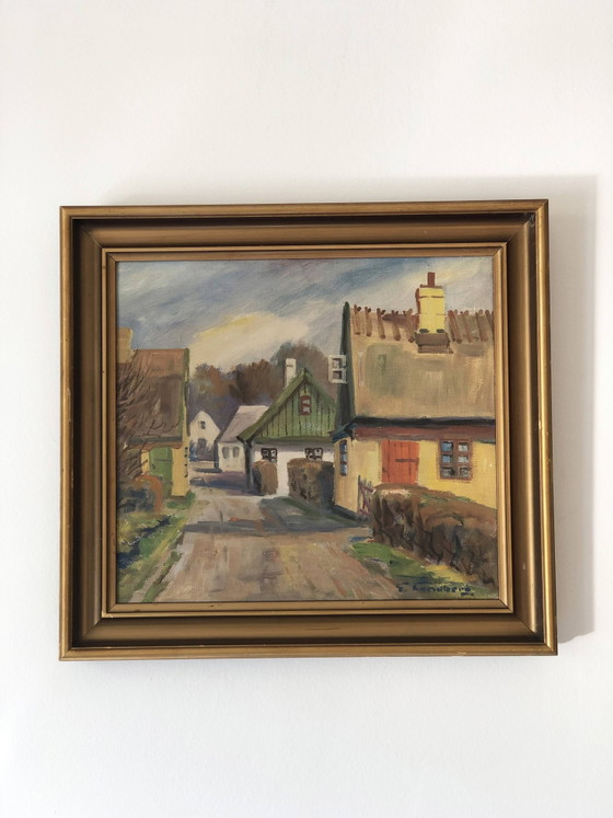 Image 1 of Peinture à l'huile originale vintage représentant un cottage : œuvre encadrée représentant un paysage champêtre