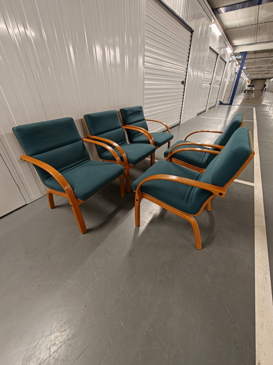 5 Vintage Deense Loungestoelen Groen, Wollen, Gebogen Hout, Retro Uit De Jaren 80. – Eetkamerstoelen, Wool (photo 9 of 9)