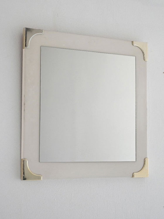 Image 1 of 1940s/50s Scandinavian Wall Mirror with White Frame and Brass Details