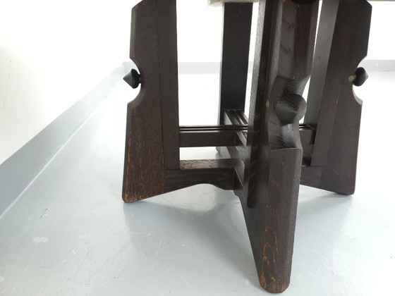 Image 1 of Table basse ronde modulable en table à manger “monte et baisse” vintage Guillerme et Chambron en chêne massif et céramique