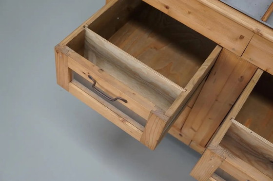 Image 1 of Vintage Nederlandse grenen haberdashery winkelkast met glazen fronten