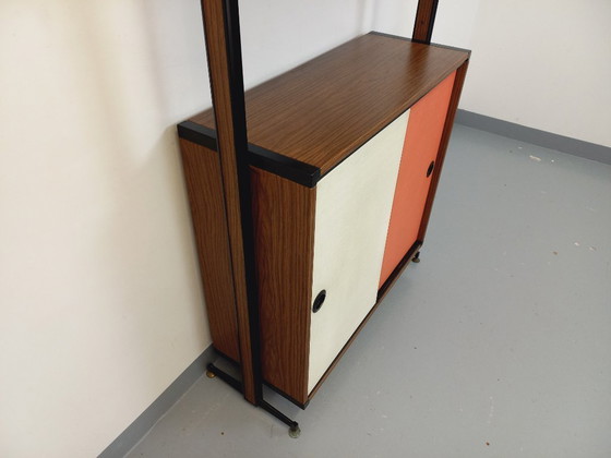 Image 1 of Libreria componibile vintage italiana in melaminico con decori in legno e metallo degli anni '60