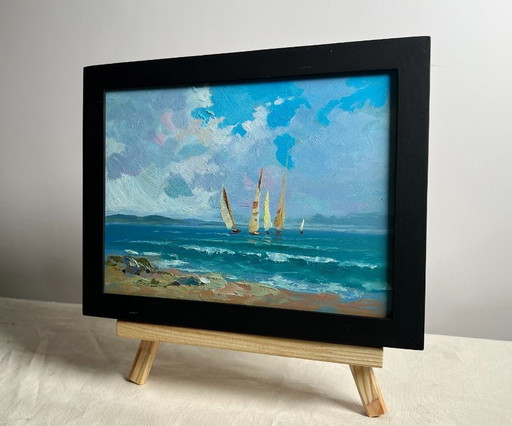Original Oil Painting: Boat on Sea - Sailboats at Sea