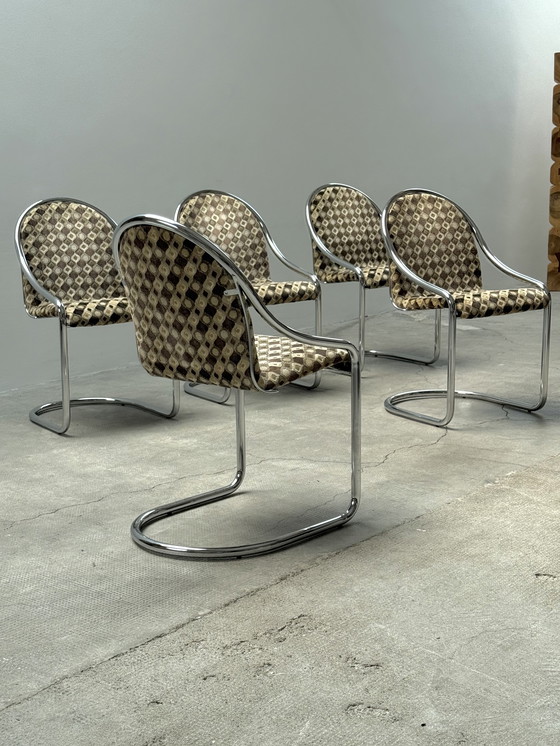 Image 1 of SET OF 5 CHROMED STEELTUBE CANTILEVER CHAIRS IN THE STYLE OF GASTONE RINALDI, ITALY 1970s