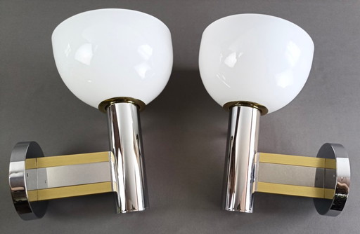 Gaetano Sciolari 1970s two chrome and glass shades sconces. New from old stock.