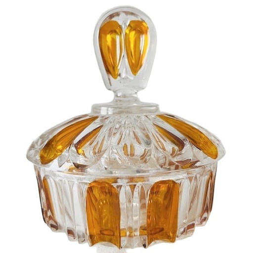 Scatola per cipria in stile Artdeco in vetro pressato ambra trasparente 1950