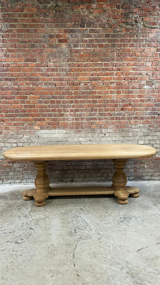 Image 1 of Solid oval monastery table of bleached oak with turned legs
