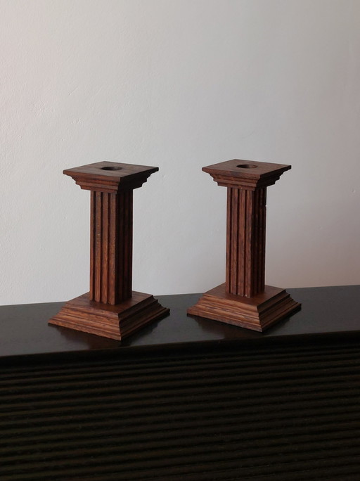 Paire de chandeliers en bois, décor de colonne, usine de meubles Oisterwijk
