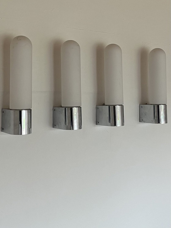 Image 1 of 4x Original "Glashütte Limburg 1970s" wall light opal glass chrome Germany!!