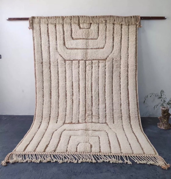 Image 1 of Tapis écru de Beni Ouarain, motifs géométriques et courbes - Fait main 3x2M
