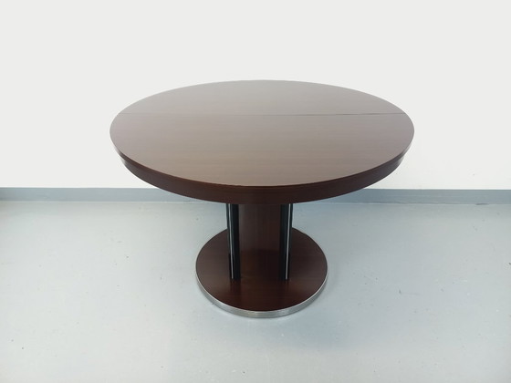 Image 1 of Table ronde de repas vintage en bois d’ébène et métal chromé style Space Age / Diner des années 70 avec rallonge intégrée