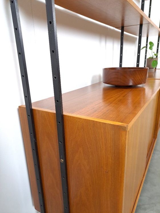 Image 1 of Parete componibile Omnia, Hilker, teak e acciaio nero con ripiani e contenitori