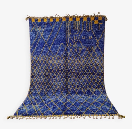 Grand tapis Beni Ouarain bleu royal et jaune, motifs géométriques 3x2M