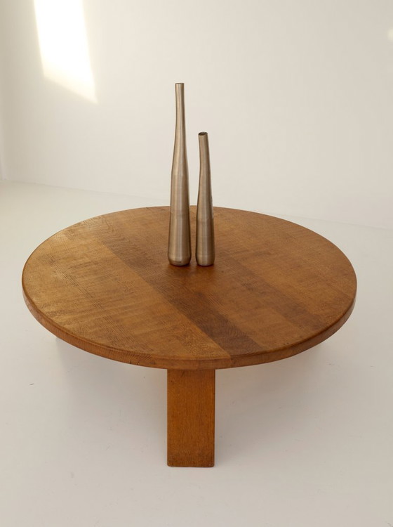 Image 1 of Vintage Brutalist round tripod coffee table in solid oak, circa 1960
