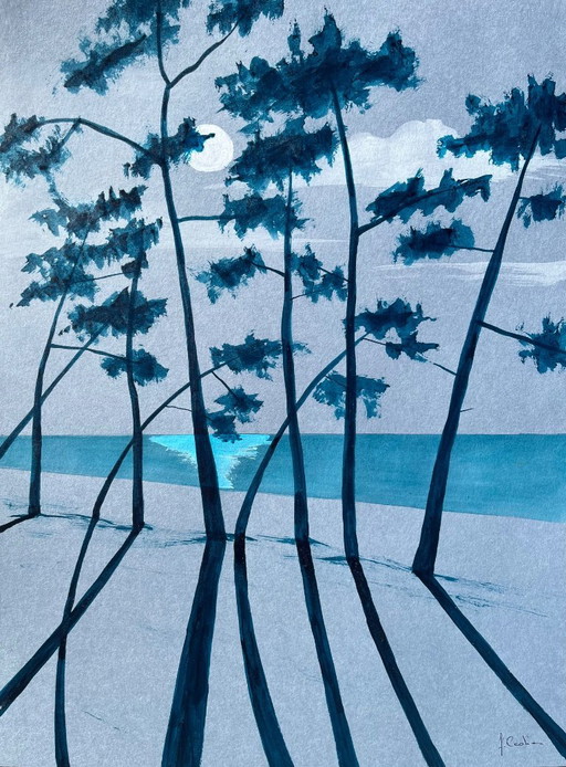 Blauwe Oost-Indische inkt op 250g getint papier.  Formaat 40x30cm.