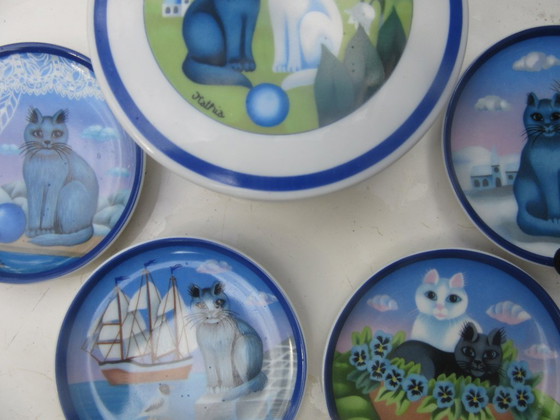 Ensemble de 4 plateaux à bijoux Arzberg Germany avec pot à couvercle, motif chat par Kathia. Vintage (photo 14 of 17)