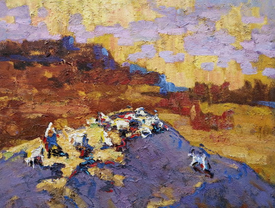 Original Oil Painting Countryside Hills Pasture Evening Landscape, Paintings & Drawings, Canvas, Orange (photo 4 of 11)