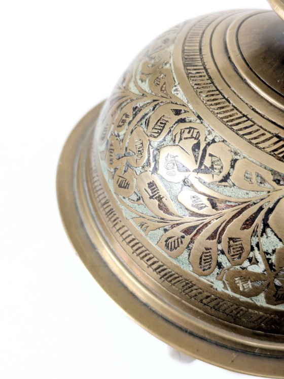 Image 1 of Vintage Solid Etched Brass Indian Elephant Claw Bell, Handcrafted Decorative Floral Table Bell