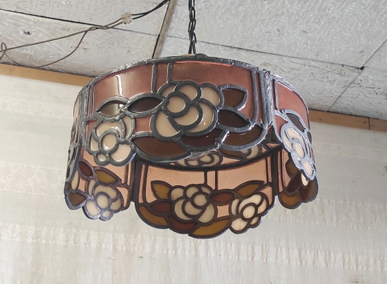 Image 1 of Pendelleuchte aus Glas und Blei im Tiffany-Stil – Mitte des 20. Jahrhunderts