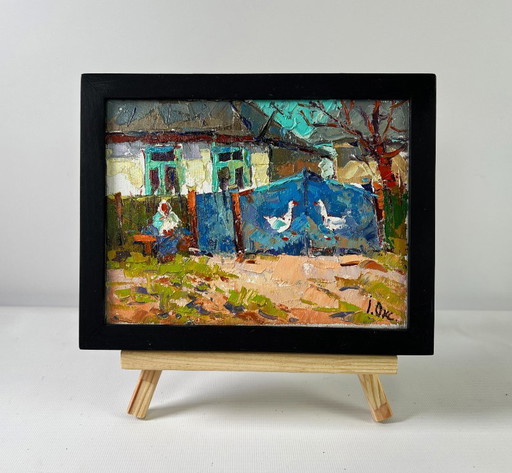 Original Oil Painting Autumn Village Landscape Silence of waiting
