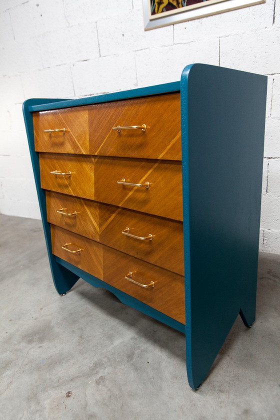 Image 1 of Commode scandinave 1960 atypique bleu Ainhoa Satiné 4 tiroirs