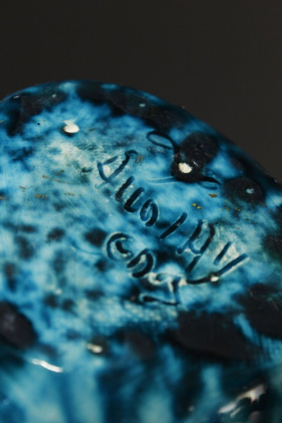 Image 1 of Accolay - Turquoise & black glazed ceramic fruit bowl, France, 1950s
