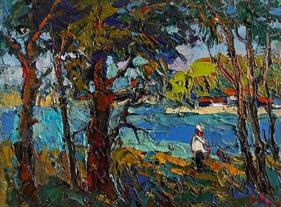 Image 1 of Original Oil Painting: Summer River Landscape - In the Shade of the Trees