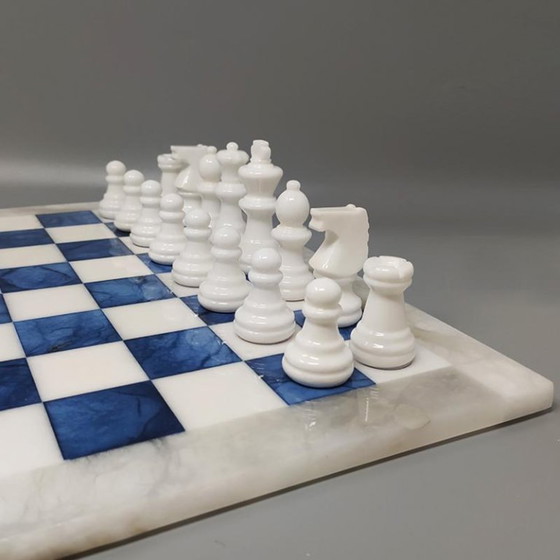 Image 1 of 1970s Elegant Blue and White Chess Set in Volterra Alabaster Handmade. Made in Italy