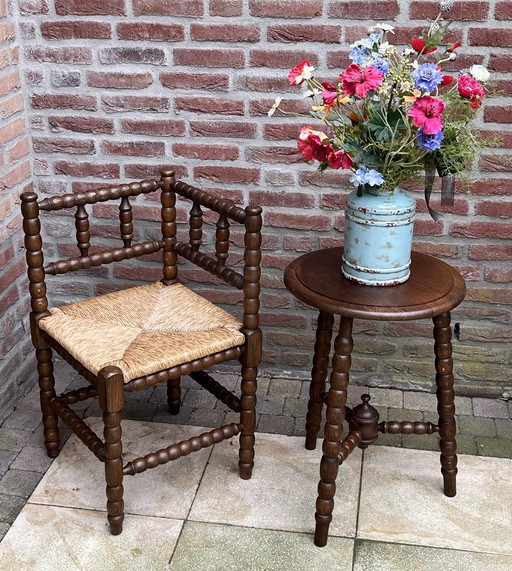 Classic Bobbin corner chair + matching side table | rare set