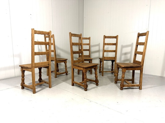 Image 1 of 6 sillas de comedor rústicas antiguas de roble con respaldo alto, década de 1900