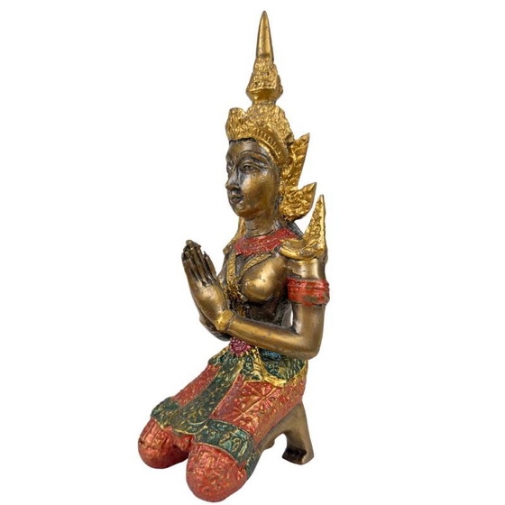 Thai Thepanom Temple Guardian Statue – Gilded and Polychrome – Kneeling Devotional Figure – Sculpture (photo 8 of 12)