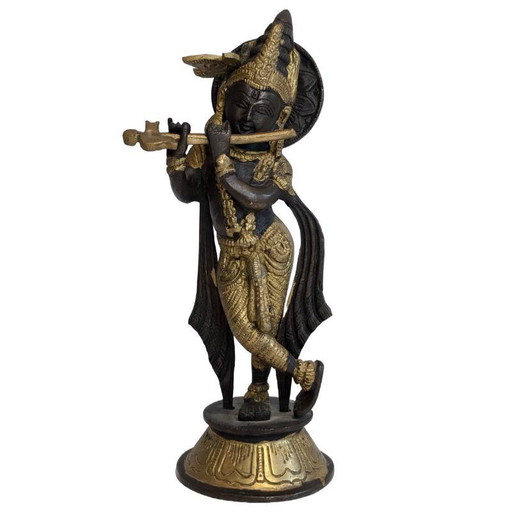 Statua antica in bronzo di Krishna con flauto, India, XIX secolo