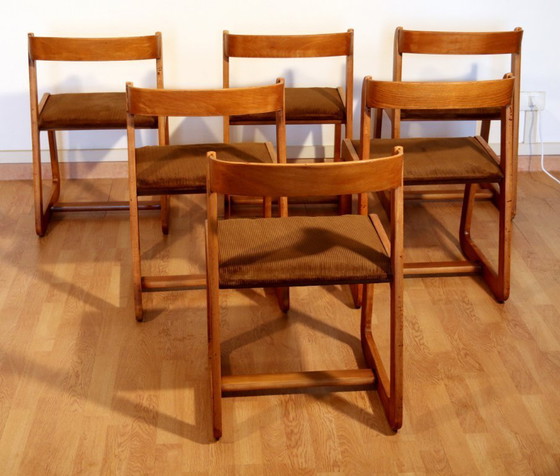 Image 1 of Chaises de salle à manger vintage Willy Rizzo pour Mario Sabot, velours marron, lot de 6, Italie années 1970