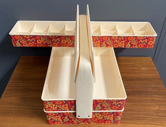 Image 1 of 1970s plastic sewing box with flowerprint in original box