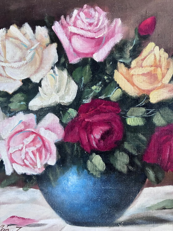 Image 1 of Peinture à l'huile originale vintage représentant des roses, signée.