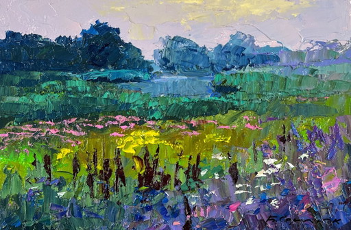 Origineel Olieverfschilderij Natuurlandschap Zomer Platteland Veld Bloemenweide