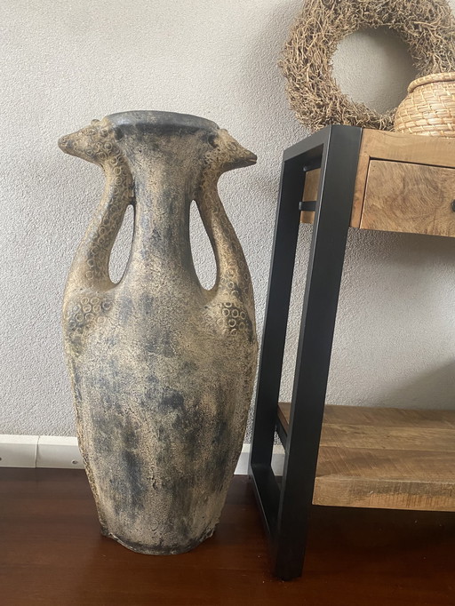 Beautiful large handmade decorative vase with giraffe handles