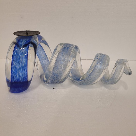 Image 1 of Pair of blue spiral candlesticks, glass, 80's - France