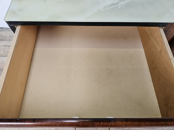 Image 1 of Vintage six-drawer mahogany burl dresser with glass top, 1960