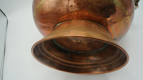 Image 1 of COPPER DUTCH HELMET COAL ASH SCUTLLE BUCKET DELFT BLUE HANDLE BRASS LION HEAD
