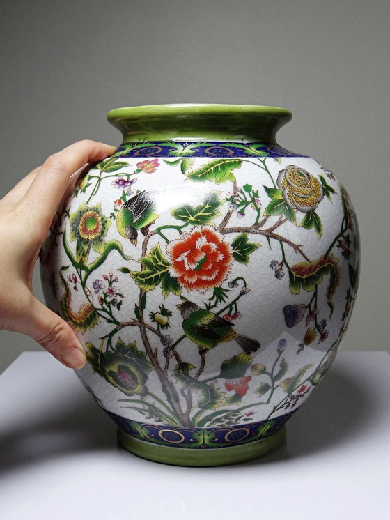 Image 1 of Vase boule faïence craquelé chinoiserie vintage années 60-80
