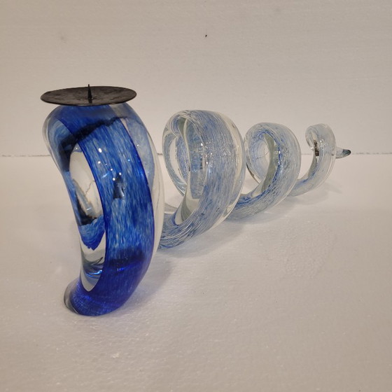 Image 1 of Pair of blue spiral candlesticks, glass, 80's - France