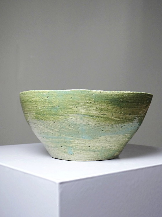 Image 1 of Vintage handmade ceramic bowl, 20th-19th century, celadon green, blue-green, Wabi-Sabi