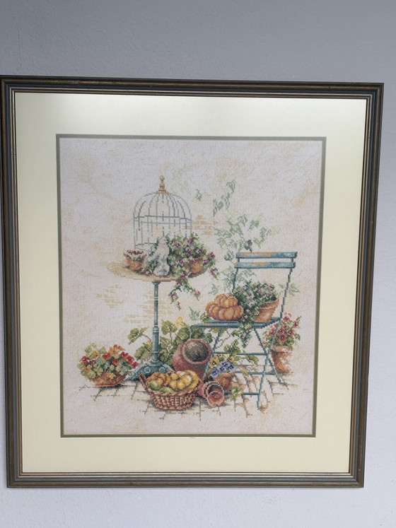 Image 1 of Charming Vintage-Style Garden Scene Cross-Stitch Framed Wall Art (51x57 cm)
