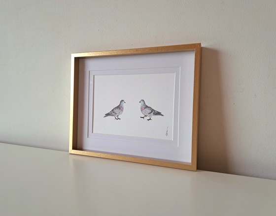 Image 1 of Original watercolor painting of doves in a frame