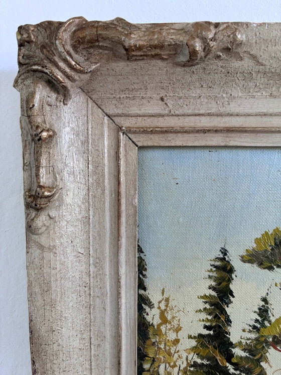 Image 1 of Peinture à l'huile originale vintage représentant un paysage de montagne et de rivière, encadrée