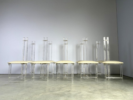 Sedie da pranzo in ottone e lucite, set di 10 - anni '70 – Plexiglass, Textile (photo 11 of 17)