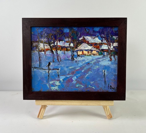 Original Oil Painting Night Village Landscape Moonlight winter light