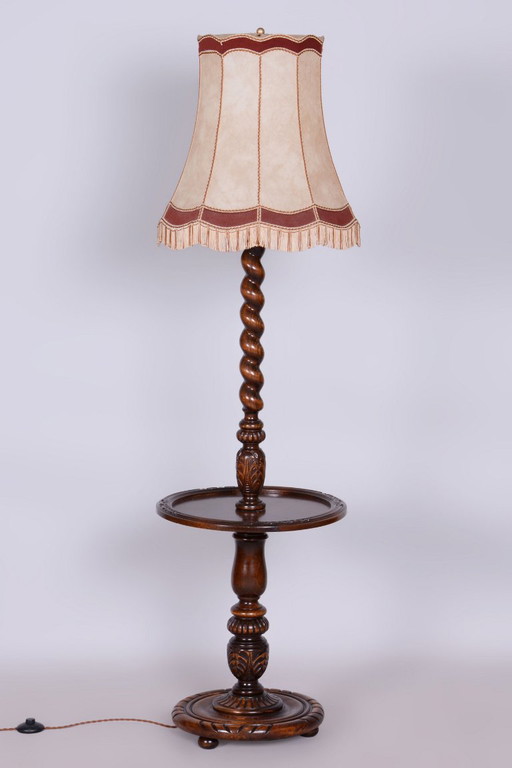 Lámpara de pie Art Déco original, nueva electrificación, roble, textil, checa, década de 1920. – vloerlampen, Textile, Wood