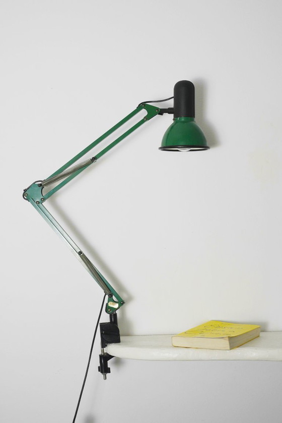 Image 1 of  Fase Architect Desk Lamp 1980s Spanish Adjustable Swing Arm Green Lamp Vintage Clamp Task Light Mid Century Industrial Lighting